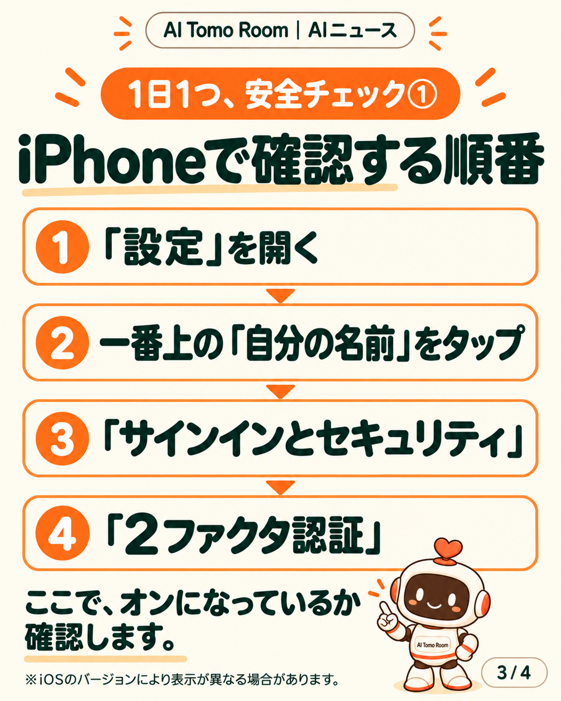 3/4:設定、自分の名前、サインインとセキュリティ、2ファクタ認証の順に確認