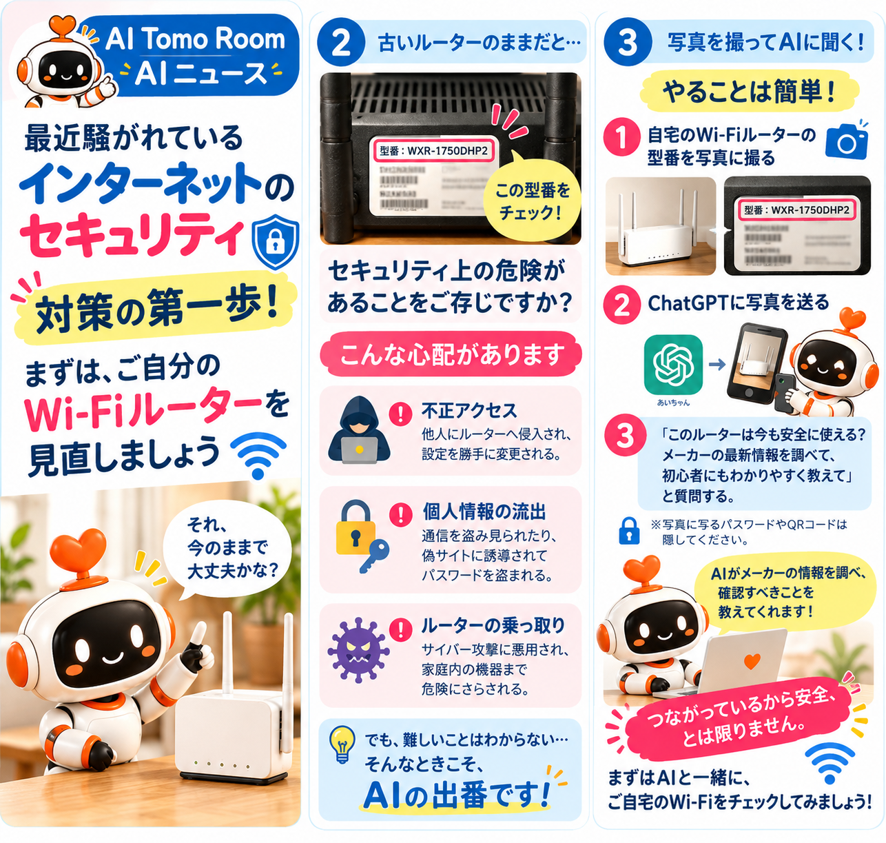あいちゃんと学ぶWi-Fiセキュリティ。古いルーターの注意点と、型番を写真に撮ってAIと確認する手順